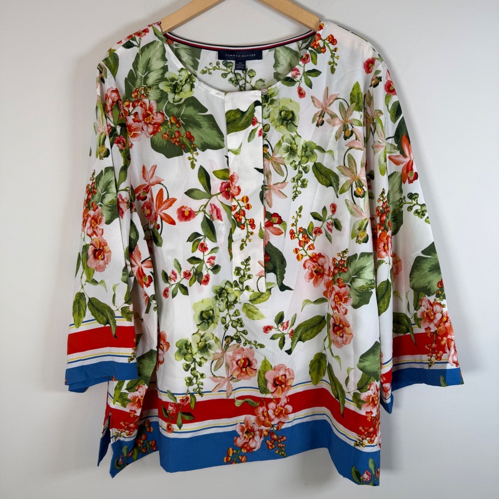 NEW Tommy Hilfiger Capri Polished Popover Blouse XXL Floral 3/4‎ Sleeve Top NWT